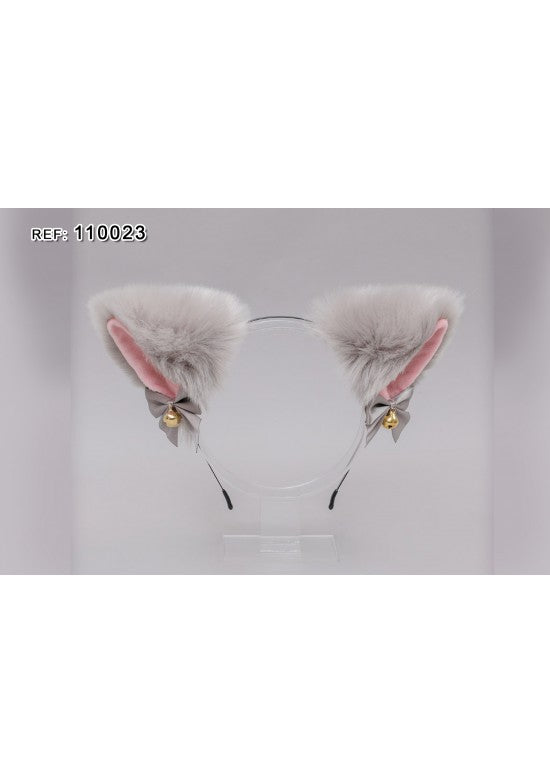 Diadema orejas de gato peluche gris con lazos grises y campanitas doradas