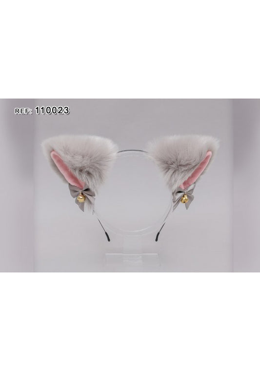 Diadema orejas de gato peluche gris con lazos grises y campanitas doradas
