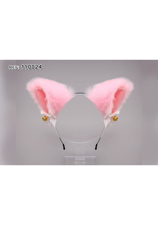 Diadema orejas de gato en peluche rosa con lazo blanco y campanas doradas
