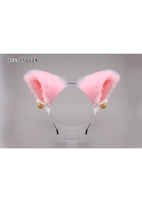 Diadema orejas de gato peluche rosa pastel con campanitas doradas