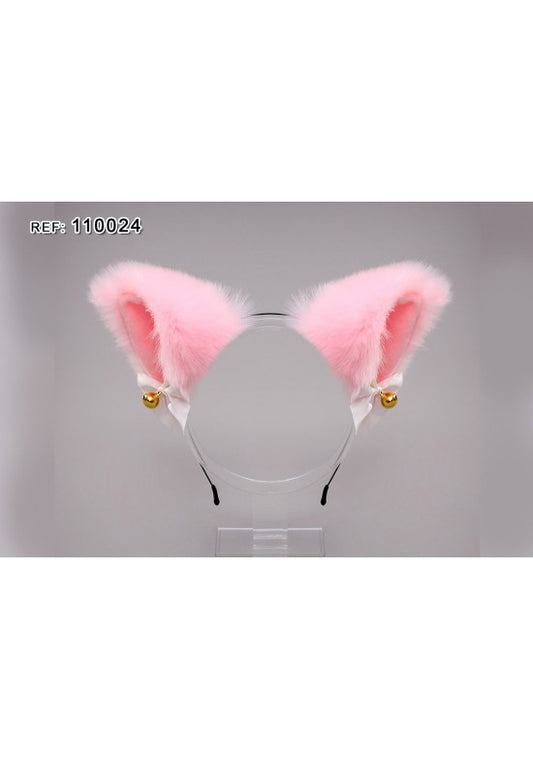 Diadema orejas de gato peluche rosa pastel con campanitas doradas