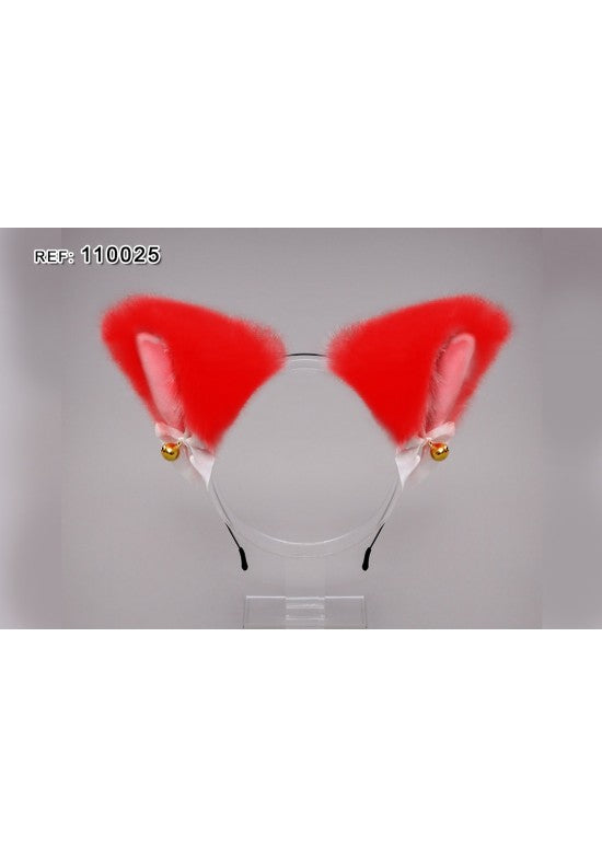 Diadema orejas de gato roja con cascabeles dorados y lazos blancos