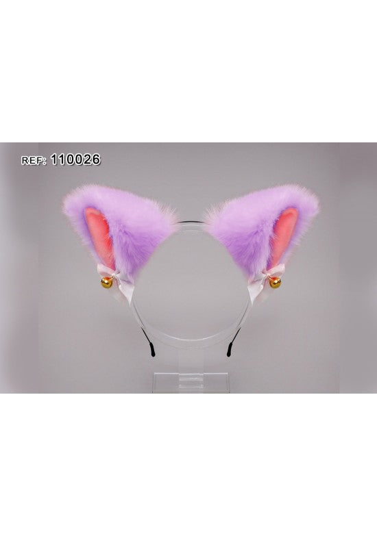 Diadema orejas de gato lila con cascabeles dorados y lazos blancos