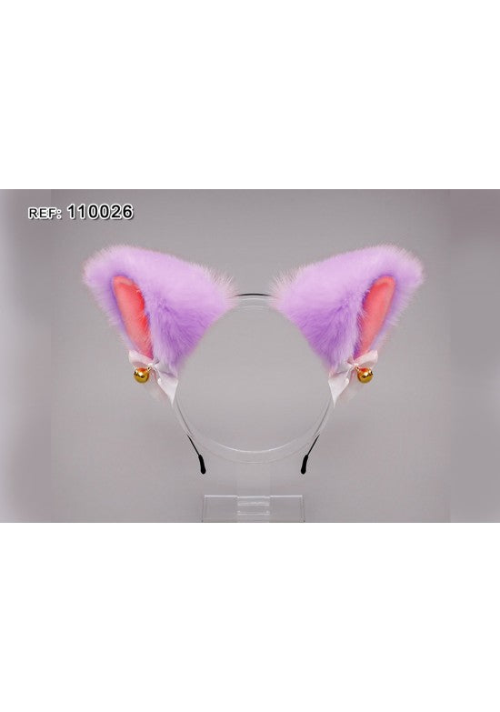 Diadema con orejas de gato en pelo sintético lila con cascabeles dorados