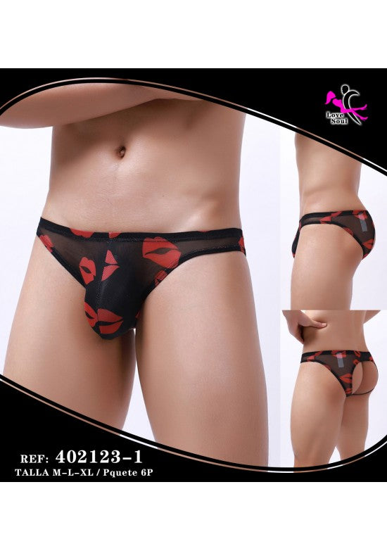 Tanga masculino negro semitransparente con estampado de labios rojos