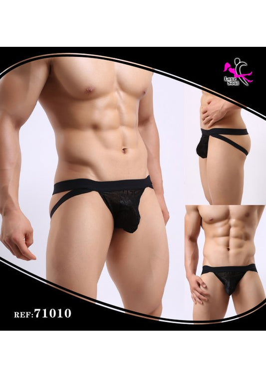 Tanga masculino negro de encaje con tirantes cruzados en cadera estilo jockstrap