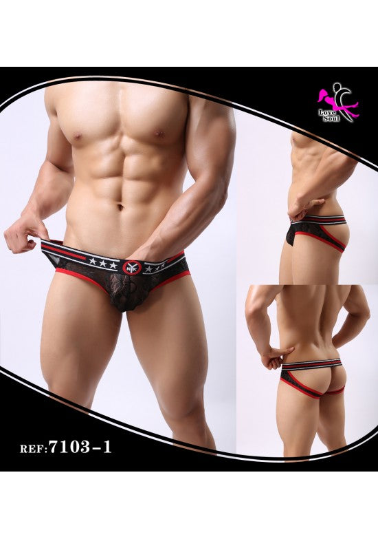 Slip brief masculino de encaje negro con apertura trasera y banda elástica roja con estrellas