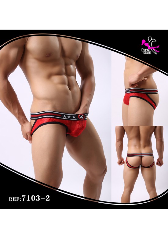 Slip brief masculino de satén rojo con apertura trasera y banda elástica con estrellas