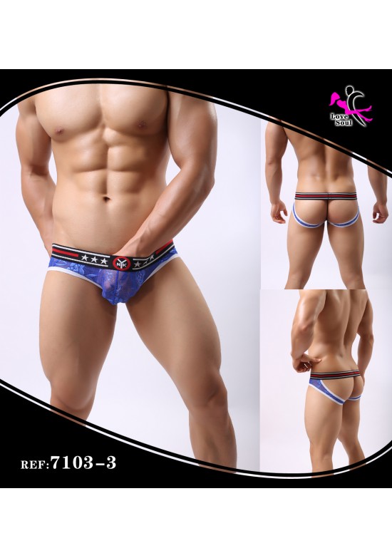 Slip brief masculino de encaje azul con apertura trasera y banda elástica con estrellas