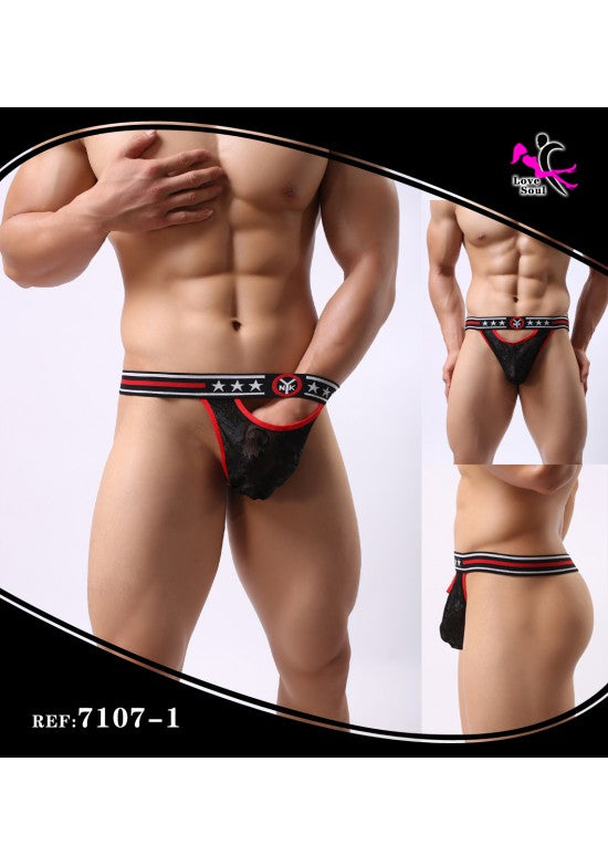 Tanga masculino de encaje negro con banda elástica roja con estrellas