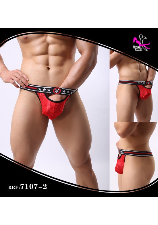 Jockstrap masculino rojo efecto satinado con cinturilla negra de estrellas y trasero abierto