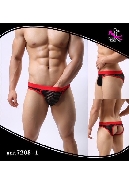 Jockstrap masculino negro con rayas semitransparentes y elástico rojo, trasero abierto