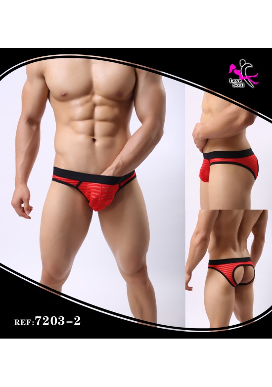 Slip jockstrap de hombre en rojo con rayas y abertura trasera