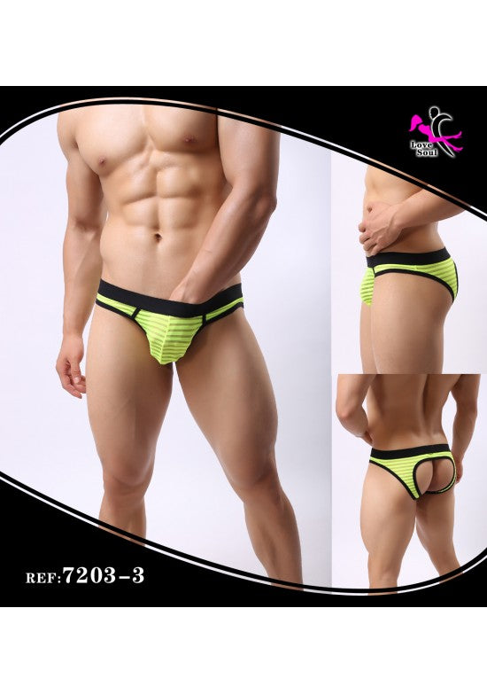 Slip jockstrap de hombre en verde lima con rayas y abertura trasera