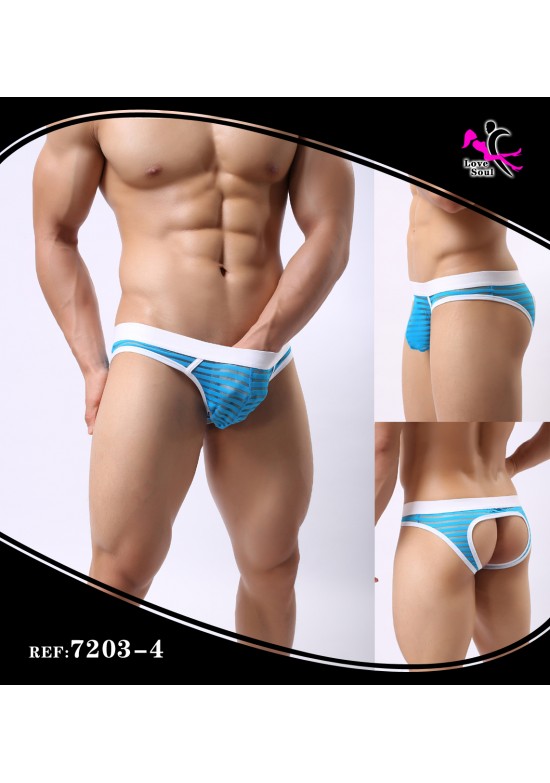 Slip jockstrap de hombre en azul con rayas y banda blanca en cintura