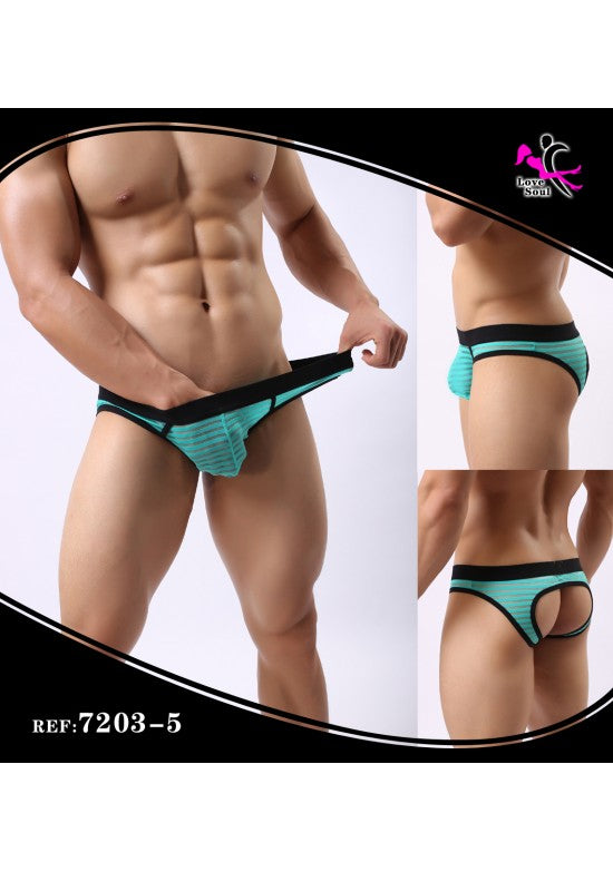 Slip jockstrap de hombre en turquesa con rayas y abertura trasera