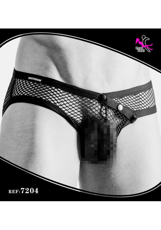 Slip masculino negro de red con apertura delantera y broches a presión