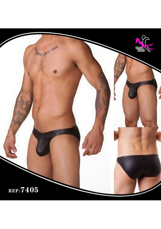 Slip bikini masculino negro efecto cuero visto de frente y espalda