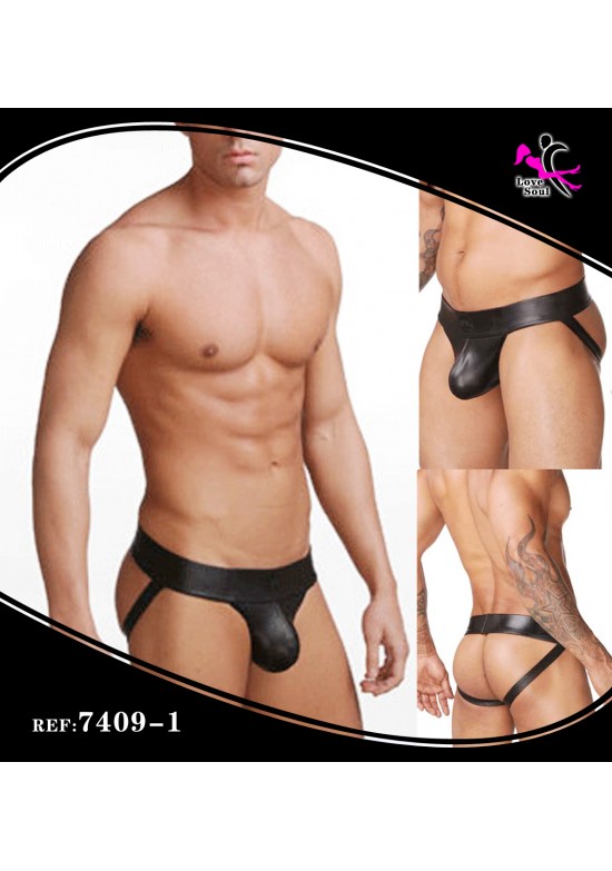 Jockstrap masculino negro efecto piel con trasero abierto