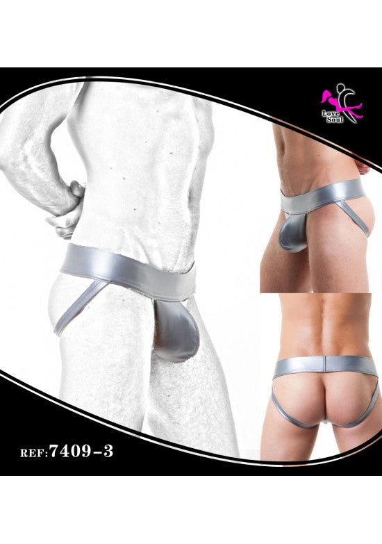 Jockstrap masculino plateado efecto cuero con cinturón ancho visto de frente y espalda