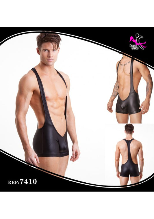Mono masculino negro efecto cuero con tirantes anchos y pantalón corto integrado
