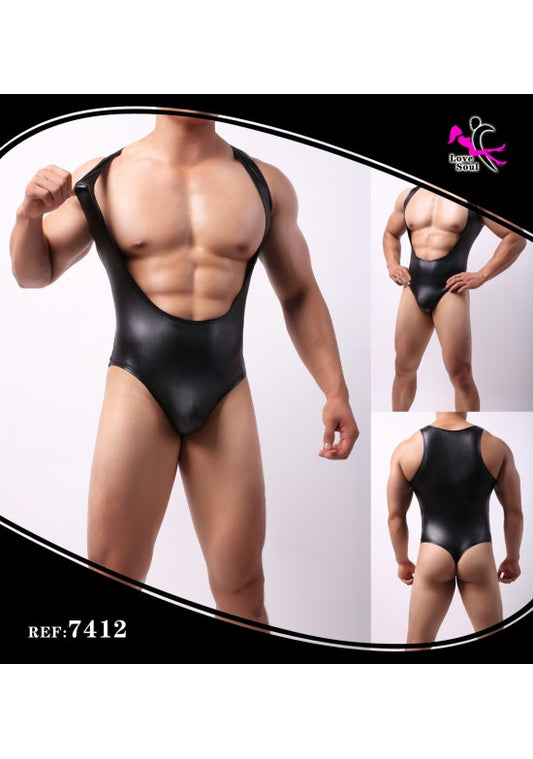 Body masculino negro efecto cuero estilo wrestler con tirantes y espalda descubierta