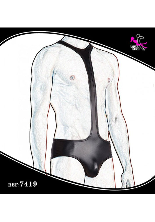 Body arnés masculino negro efecto piel con tira central vertical