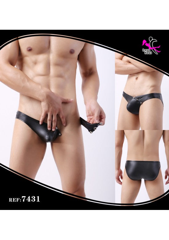 Bóxer masculino negro efecto cuero con apertura delantera y broches metálicos