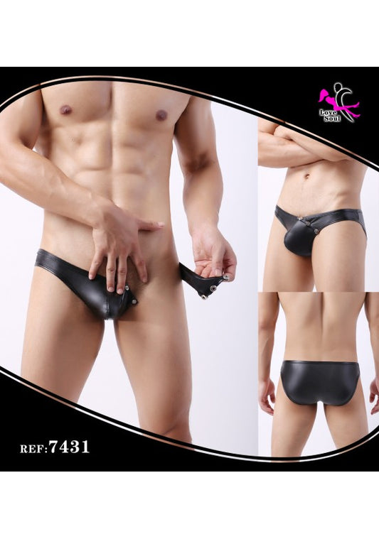 Bóxer masculino negro efecto cuero con apertura delantera y broches metálicos