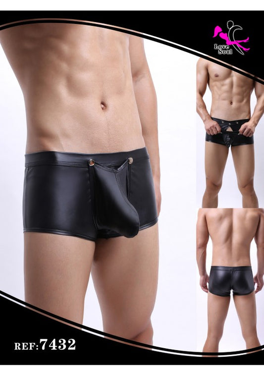 Bóxer masculino negro wet look con bolsa delantera moldeada y botón a presión