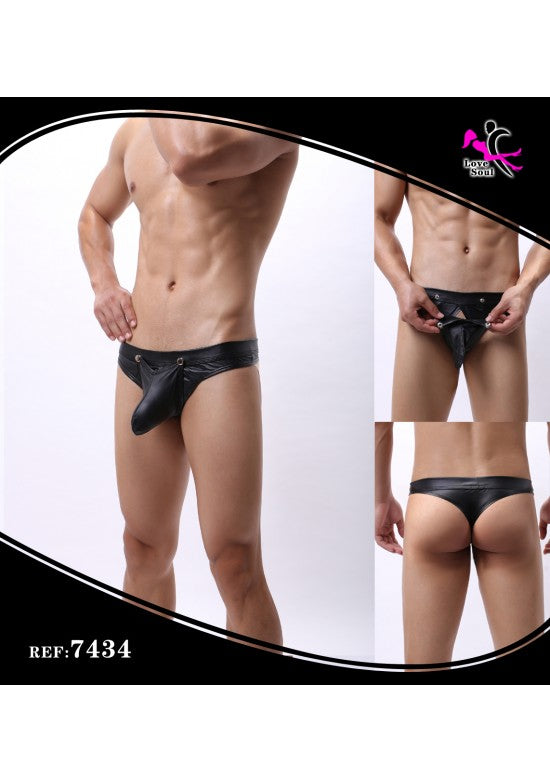 Tanga hombre efecto cuero negro con broche frontal y corte trasero tipo tanga, ref 7434