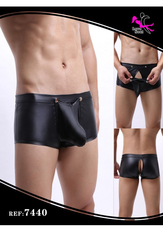Bóxer masculino negro wet look con apertura delantera y trasera mediante botones