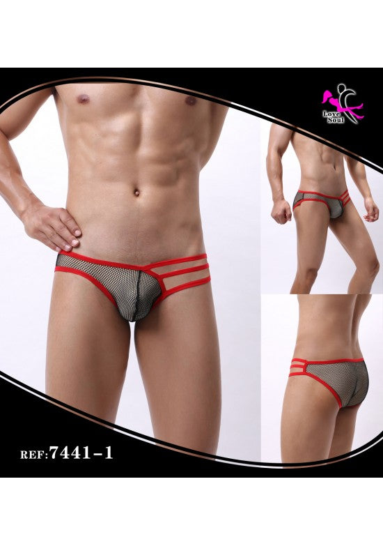 Slip hombre rejilla negra con tiras laterales y ribetes rojos, ref 7441-1
