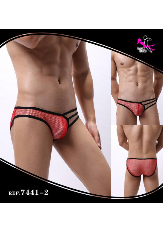 Slip hombre rejilla roja con tiras triples negras laterales, ref 7441-2