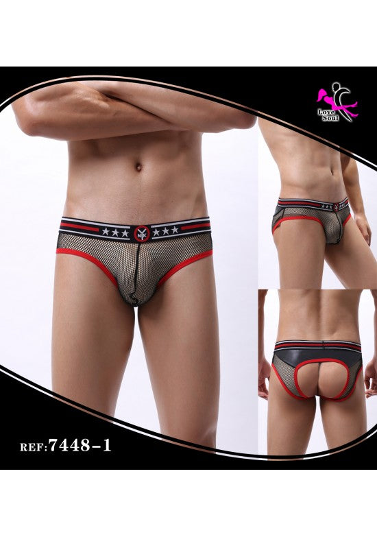 Slip hombre rejilla negra con ribetes rojos y abertura trasera, ref 7448-1
