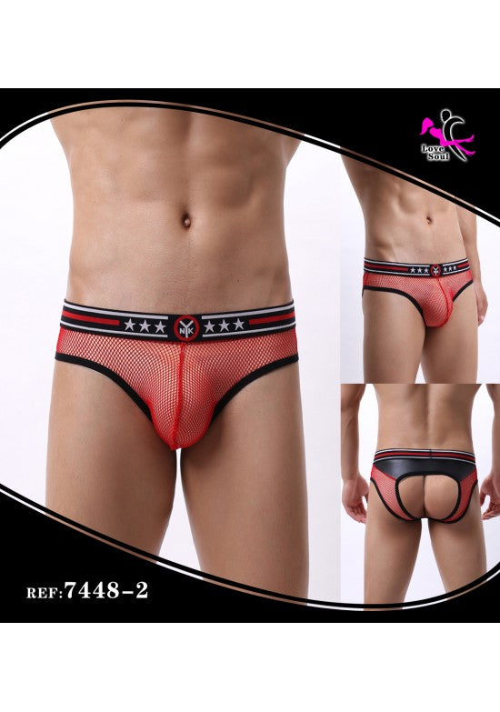 Slip jockstrap masculino rojo de malla rejilla con trasero abierto