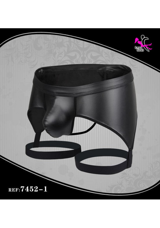 Jockstrap efecto piel negro con anillas elásticas para hombre