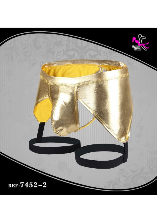 Jockstrap metalizado dorado con anillas elásticas negras para hombre