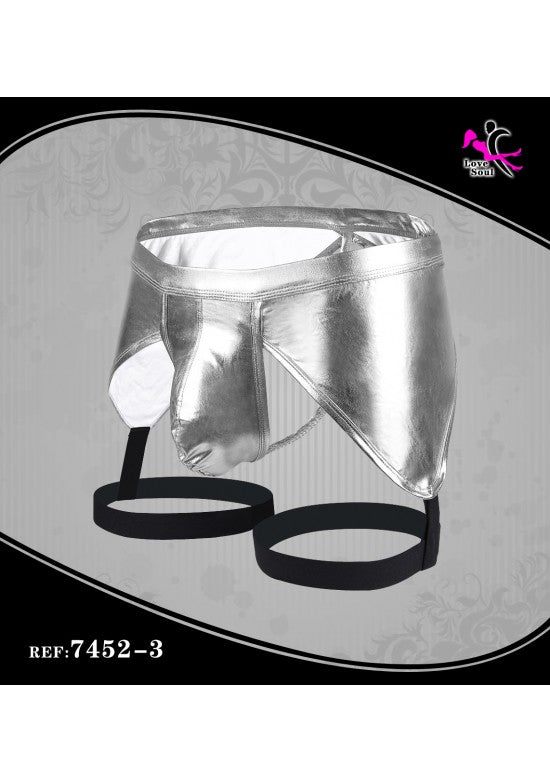 Jockstrap metalizado plateado con anillas elásticas negras para hombre