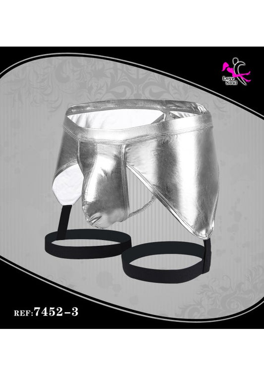 Jockstrap metalizado plateado con anillas elásticas negras para hombre