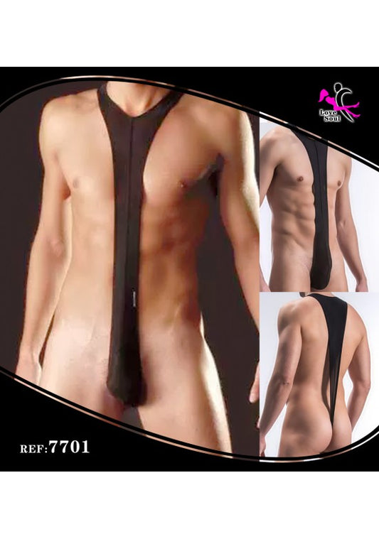Arnés corporal masculino negro de tira vertical con tirantes sobre los hombros y torso al aire
