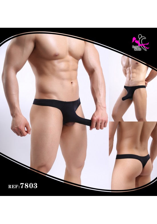 Tanga masculino negro liso con abertura lateral y corte trasero tanga