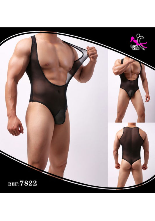 Body masculino negro de malla transparente con forro opaco frontal y espalda abierta