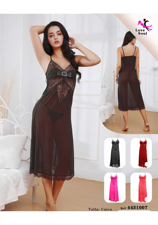 Camisón largo semitransparente negro con encaje y cinturón decorativo, talla única