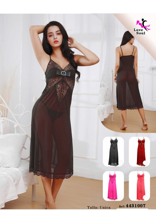 Camisón largo semitransparente negro con encaje y cinturón decorativo, talla única