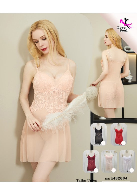Camisón nude con bustier de encaje floral bordado y faldón de gasa semitransparente