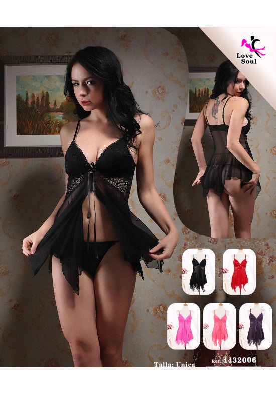 Babydoll negro abierto con encaje, gasa semitransparente y tanga a juego