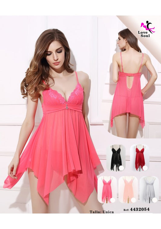Camisón asimétrico coral con encaje y tirantes finos, espalda abierta