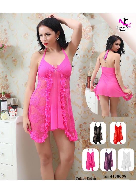 Camisón rosa con escote halter, paneles de encaje floral y volantes en el bajo
