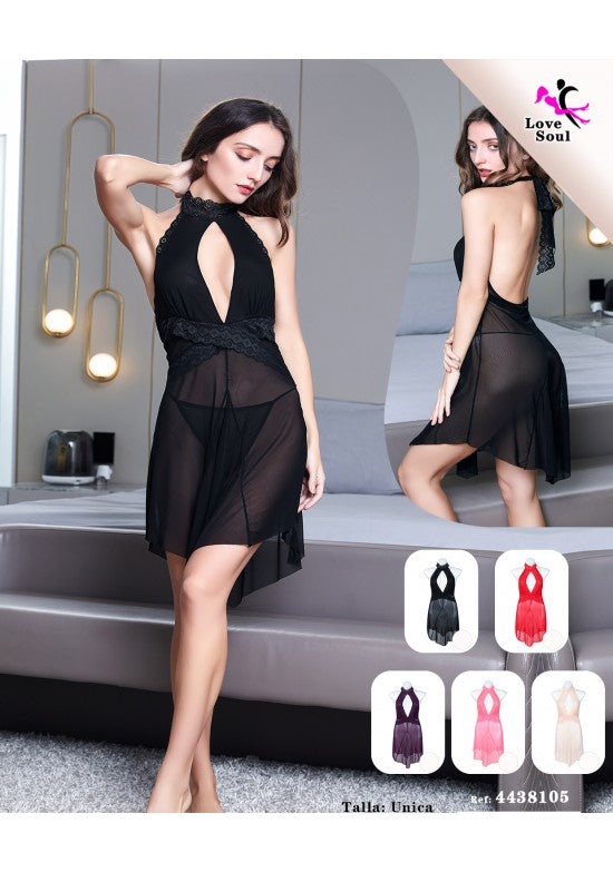 Baby doll negro halter de tul semitransparente con encaje en cuello y cintura, espalda abierta